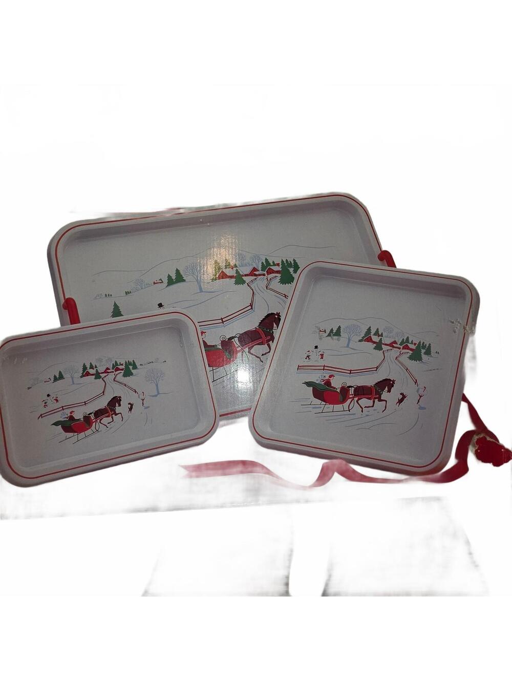 Vintage 1986 Himark Lacquerware Christmas Nesting Trays Set of 3 Sleigh Ride